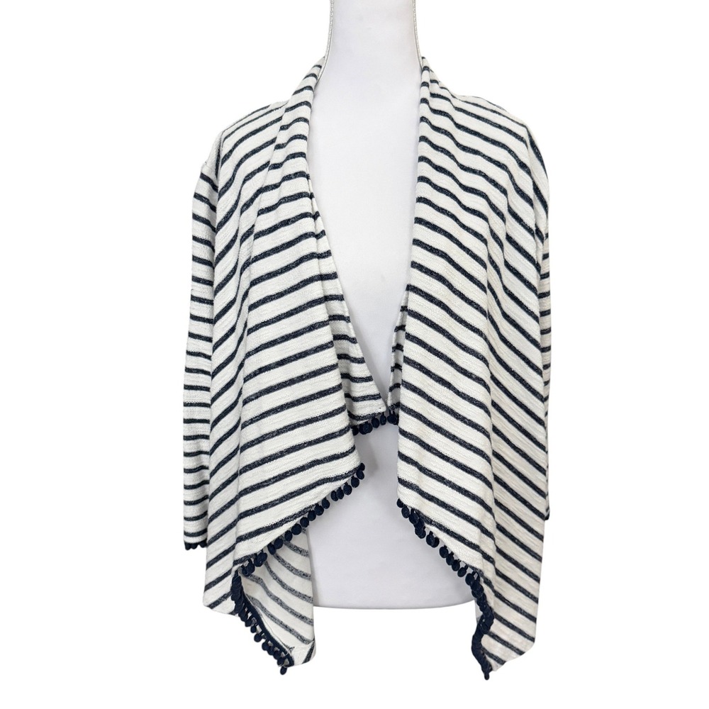 Hearts of Palm Striped Pom Pom Trim Open Front Cardigan L White Blue Nautical